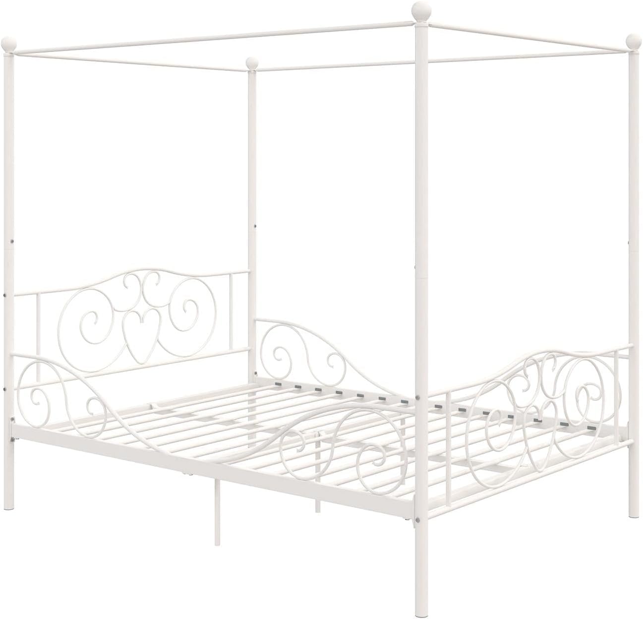 DHP Metal Canopy Kids Platform Bed with Four Poster Design, Scrollwork Headboard and Footboard, Underbed Storage Space, No Box Sring Needed, Full, White