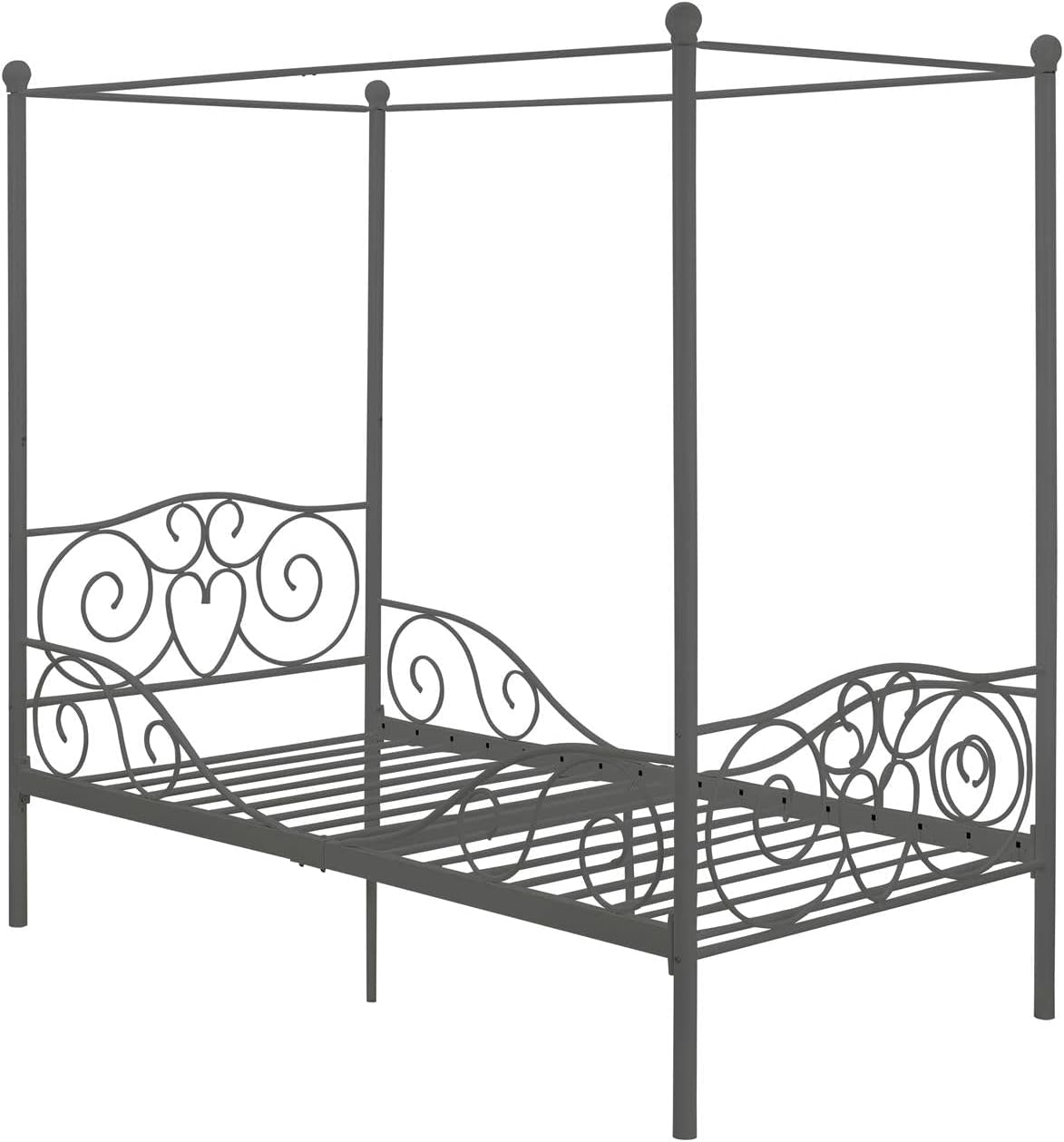 DHP Metal Canopy Kids Platform Bed with Four Poster Design, Scrollwork Headboard and Footboard, Underbed Storage Space, No Box Sring Needed, Twin, Pewter