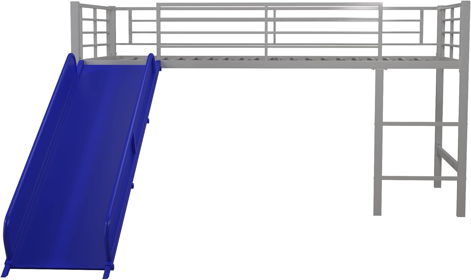 DHP Junior Twin Metal Loft Bed with Slide, Multifunctional Design, Silver with Blue Slide