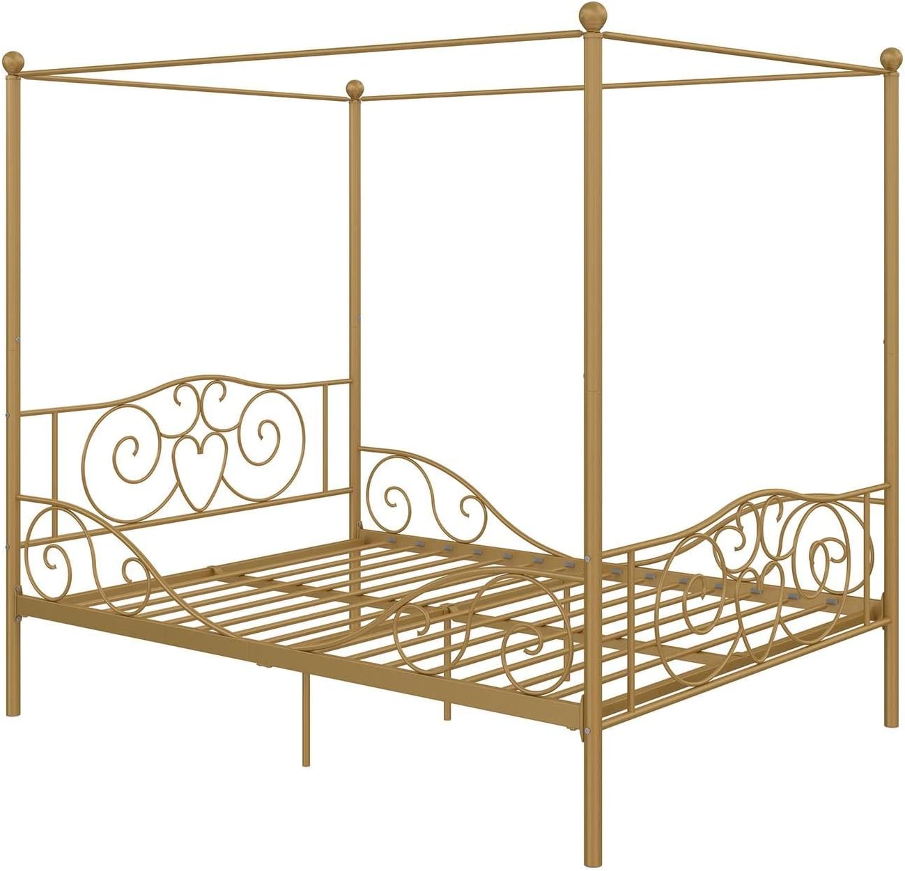 DHP Metal Canopy Kids Platform Bed with Four Poster Design, Scrollwork Headboard and Footboard, Underbed Storage Space, No Box Sring Needed, Full, Gold