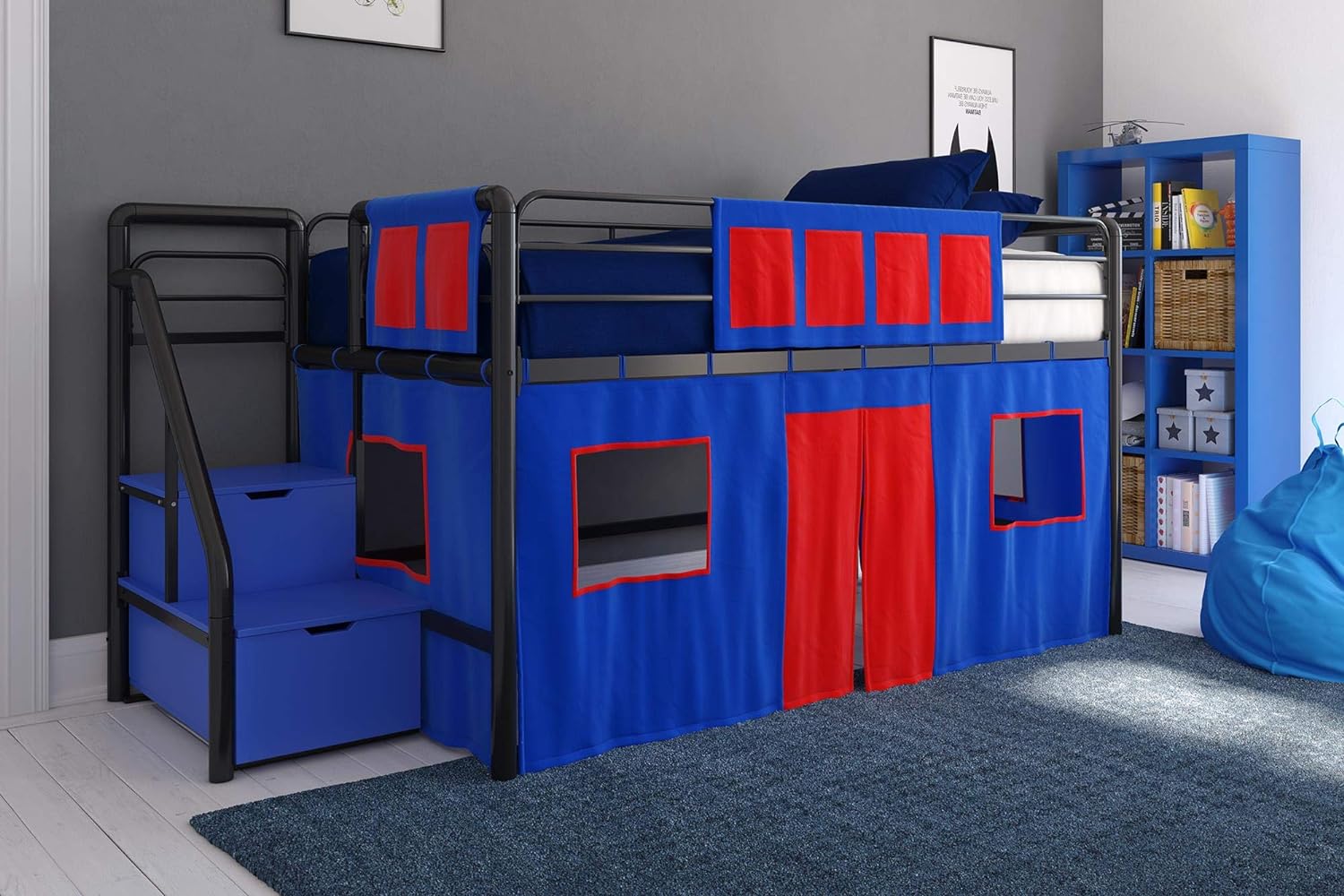 DHP Curtain Set for Kid&#39; Loft Bed, Washable and Removable, Blue and Red