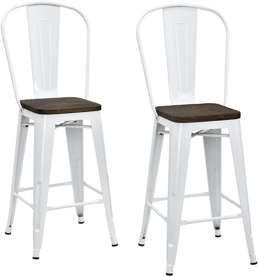 DHP Luxor Metal Counter Stool with Wood Seat and Backrest, 24", White