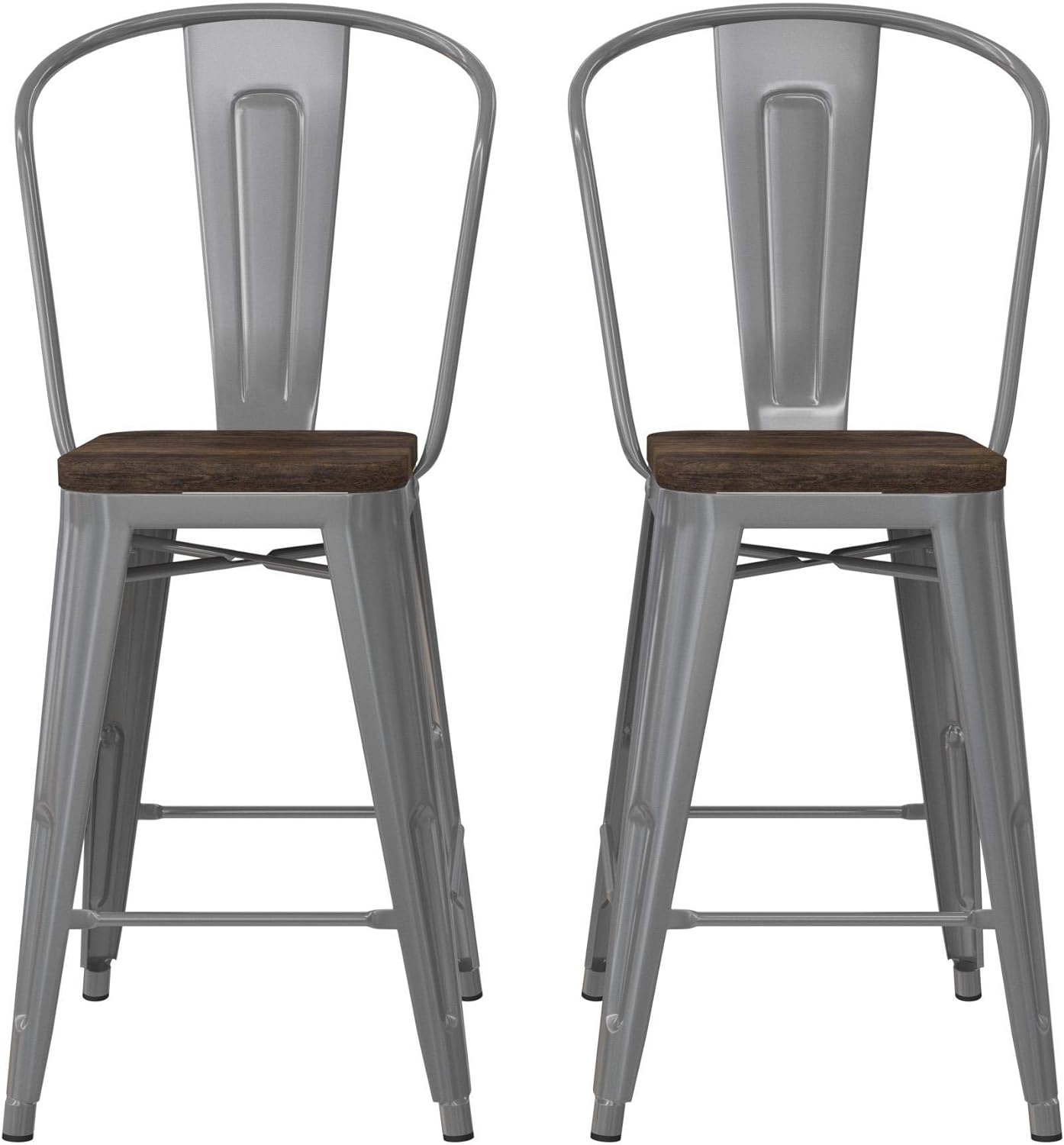 DHP Luxor 24" Metal Wood Seat, Silver, Set of 2 Counter Stool