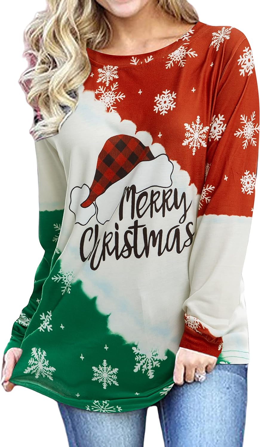 Merry Christmas Plaid T Shirts Women Cute Santas Hat Graphic Long Sleeve Raglan Baseball Tees Tops