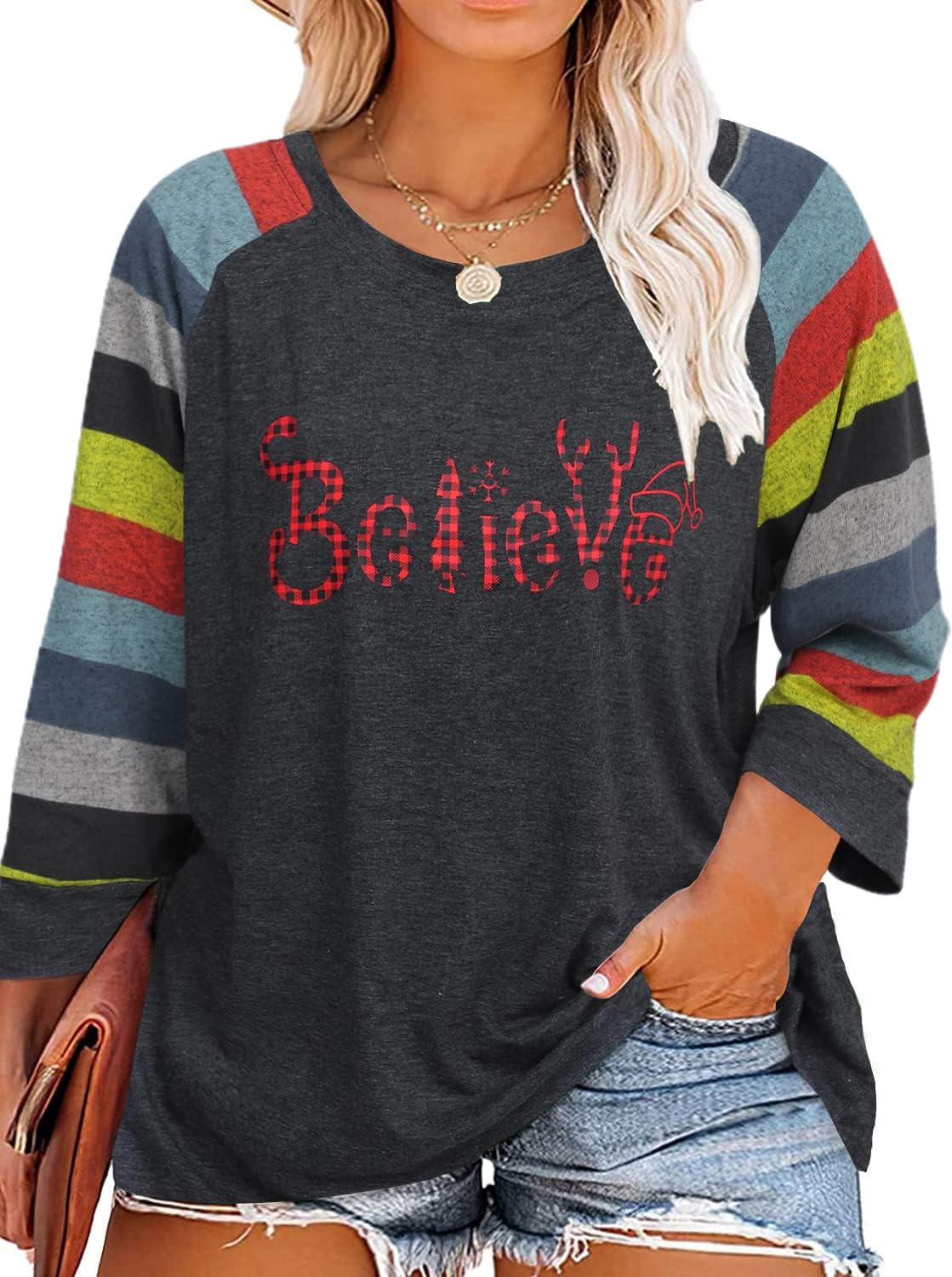 Plus Size Christmas Believe Plaid T Shirts Women Plaid Tree Cute Graphic Shirts 3/4 Raglan Sleeve Baseball Tee Tops