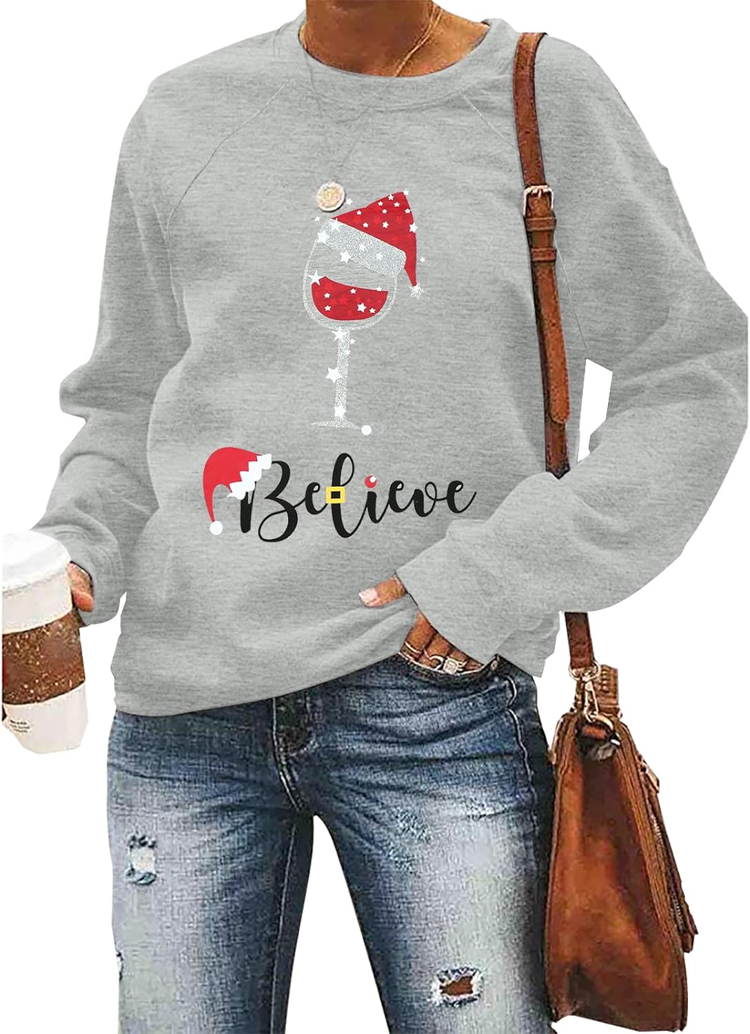 ALLTB Believe Merry Christmas Sweatshirt Womens Christmas Wine Glass Print Blouse Tops Raglan Sleeve Holiday Shirt