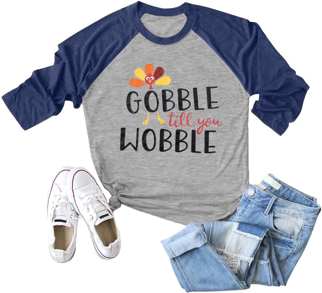 ALLTB Gobble Til You Wobble T Shirt Women Friendsgiving Thankful Womens Tshirt Thanksgiving 3/4 Sleeve Tee Shirts