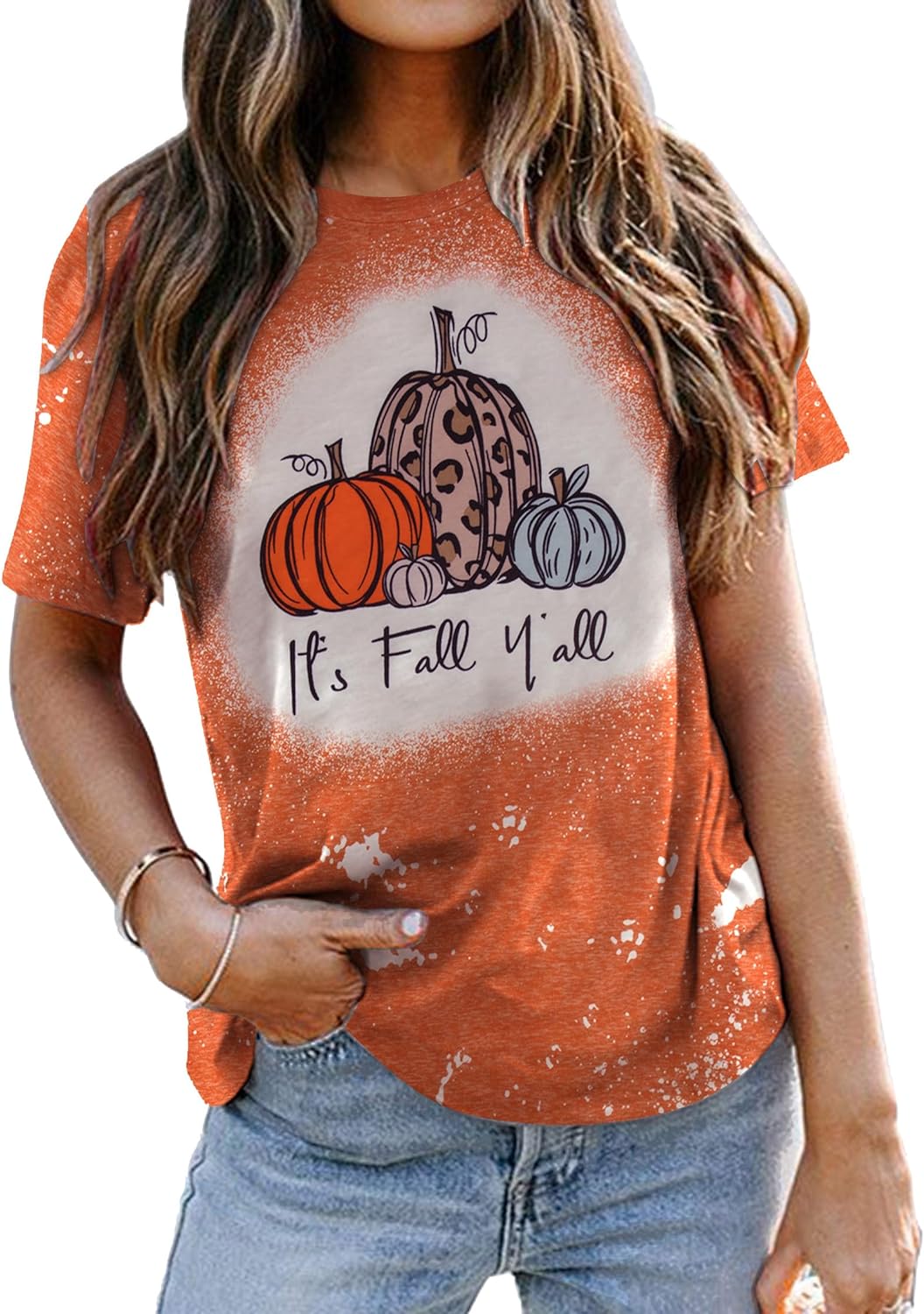 It&#39; Fall Y&#39;all Shirts Women Halloween Leopard Pumpkin Short Sleeve T-Shirt Thanksgiving Casual Top Tees