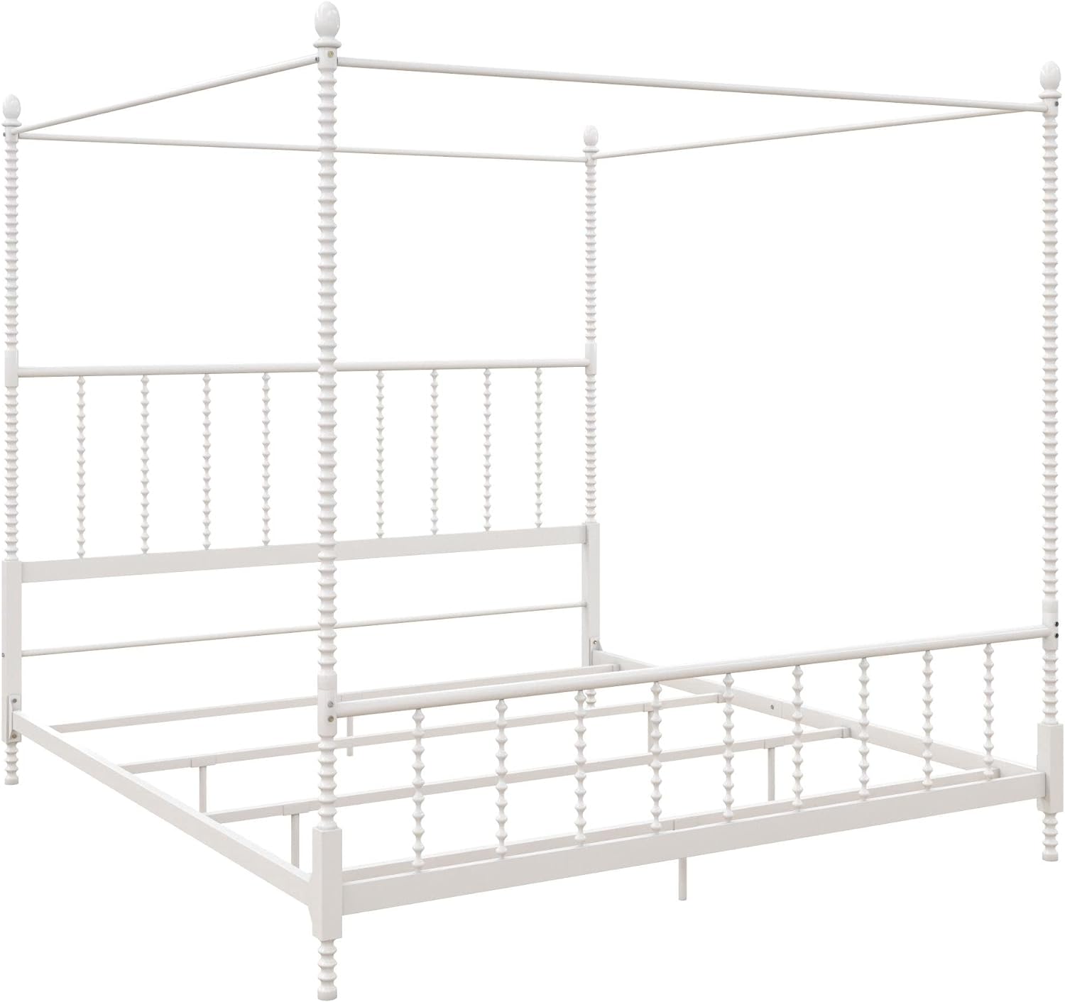 DHP Jenny Lind Metal Canopy Bed, Four Poster Design with Decorative Spindles on Headboard and Footboard, King, White