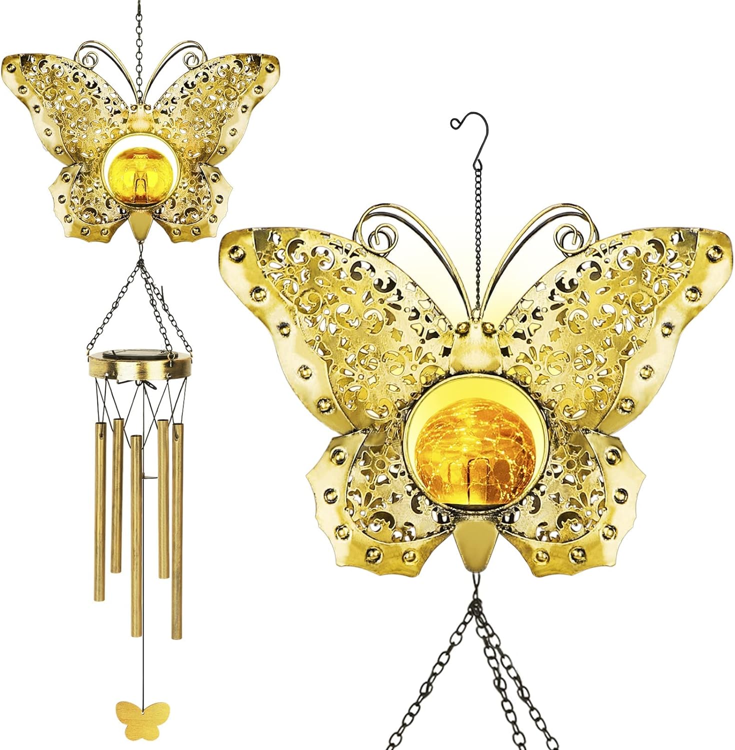 Butterfly Solar Wind Chimes for Outside, JYPS Crackle Glass Ball Waterproof Wind Chimes Outdoor Clearance Deep Tone Garden Decor Chimes Butterfly Gifts for Women Windchimes Outdoors Unique