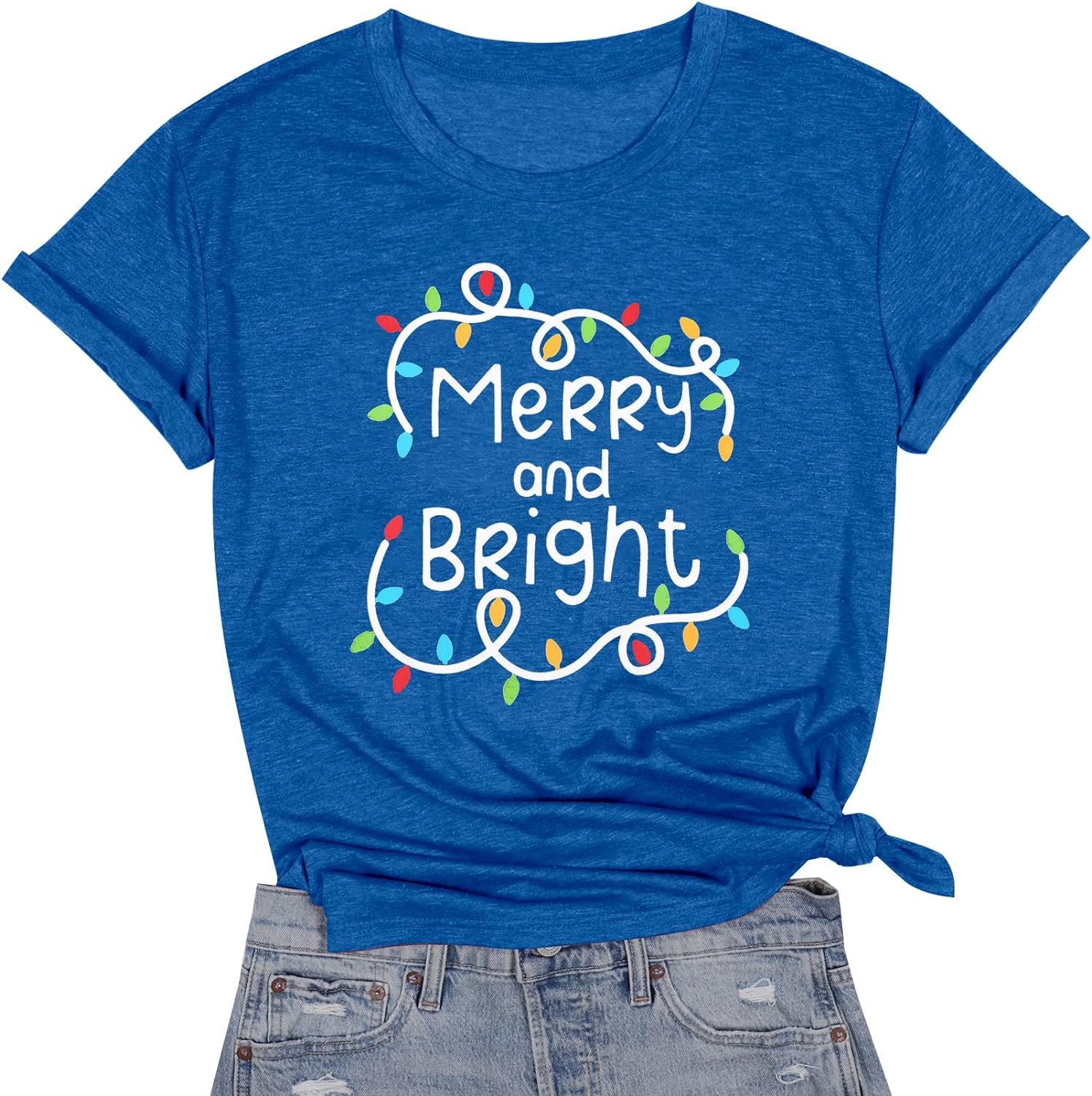 Christmas T Shirts for Women Merry and Bright Lights T-Shirt Letter Graphic Shirt Tee Tops Cute Print Short Sleeve Blouse