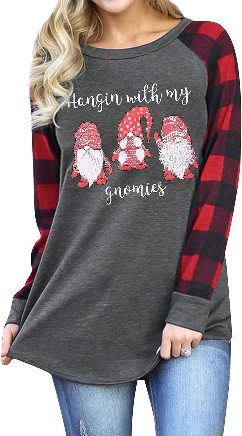 ALLTB Christmas Sweatshirts for Women Hanging with My Gnomes Shirts Xmas Gnome Graphic Tops Raglan Plaid Long Sleeve Shirt