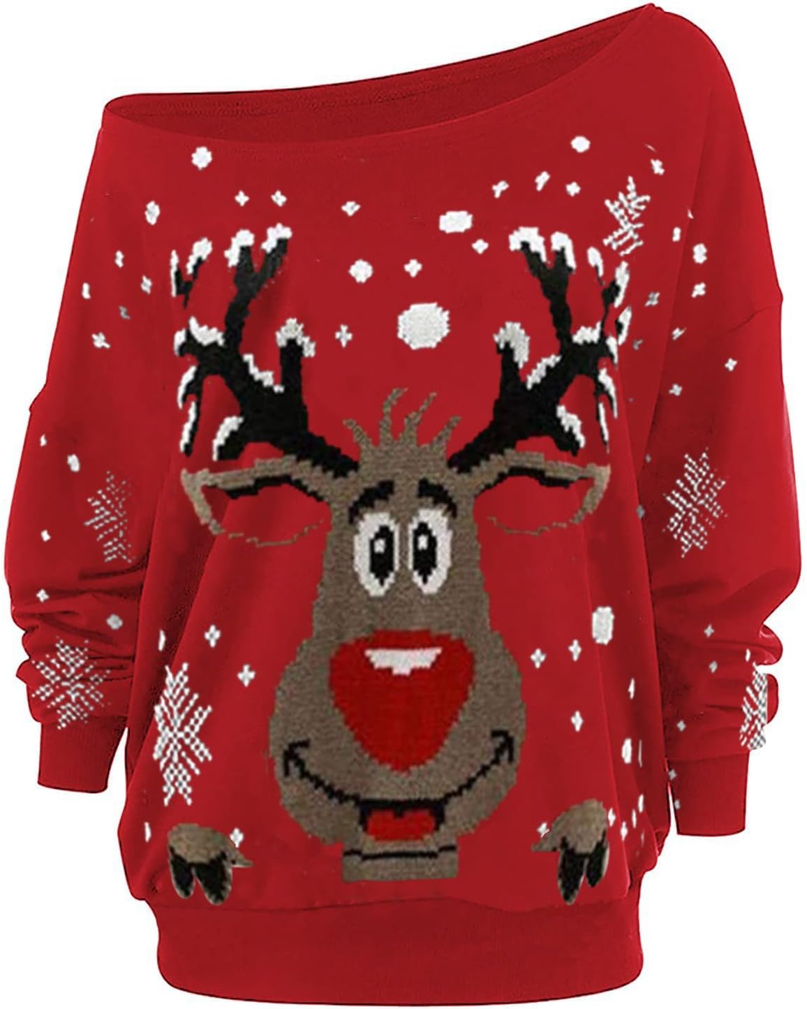 ALLTB Christmas Deer Shirt Women Off Shoulder Long Sleeve Tops Pullover Cute Letter Snowflake Graphic Sweatshirt
