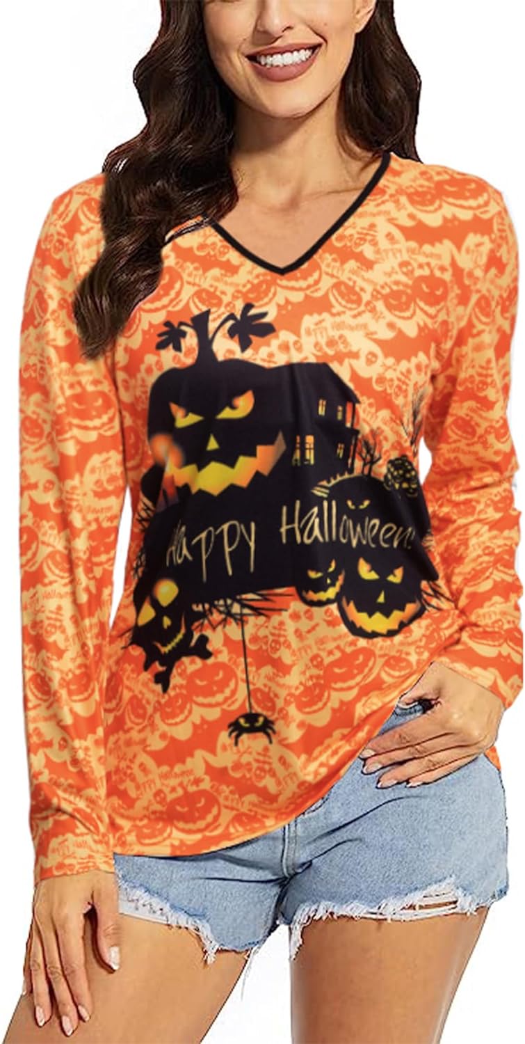 ALLTB Halloween Shirts for Women Pumpkin Novelty Graphic T-Shirts Party Casual V Neck Long Sleeve Tops
