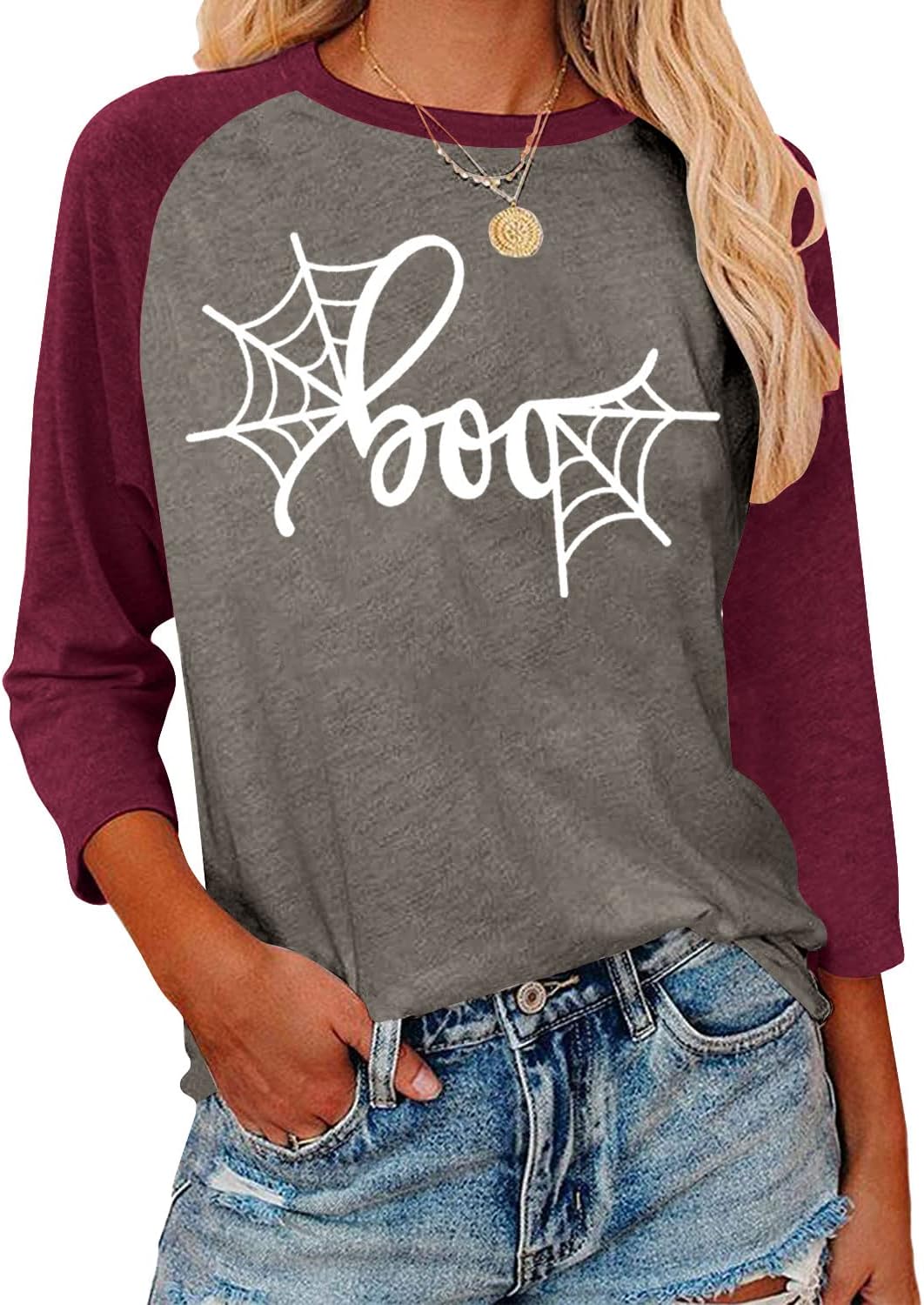 Women Halloween Spider Web Graphic T Shirt Top Boo Raglan Baseball 3/4 Sleeve Casual Blouse Tee