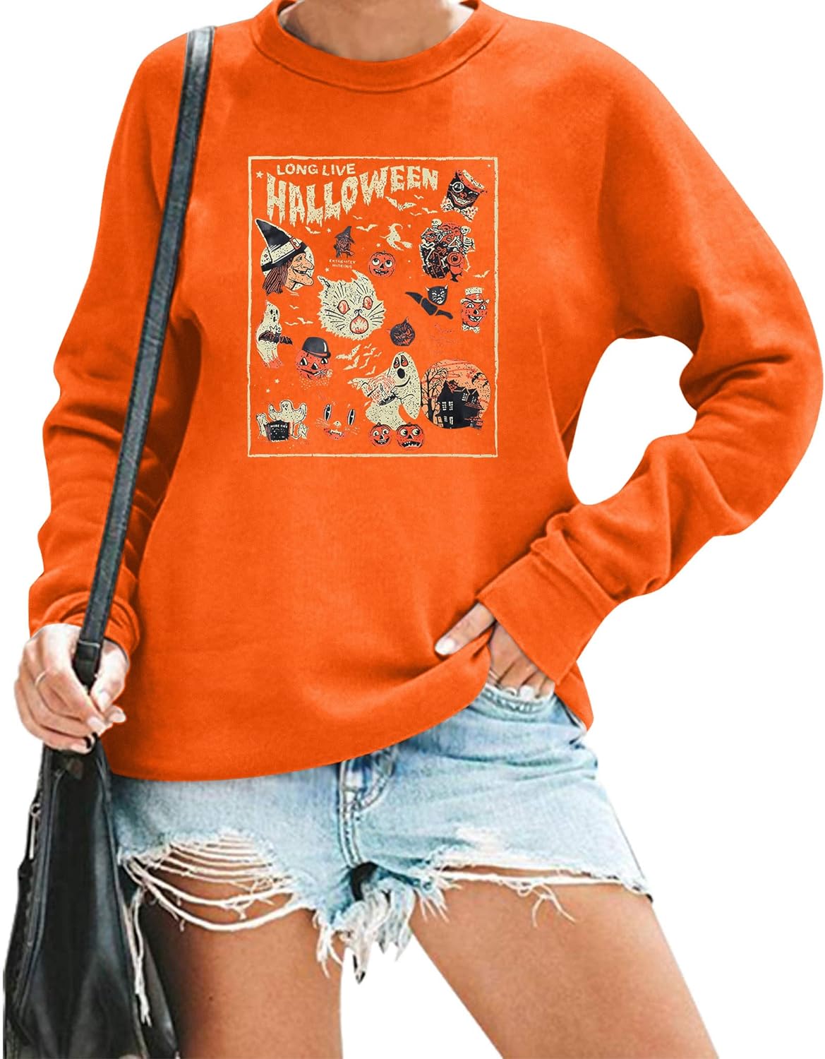 ALLTB Halloween Sweatshirts For Women Vintage Halloween Doodles Sweatshirts Hocus Pocus Long Sleeve Crewneck Tops