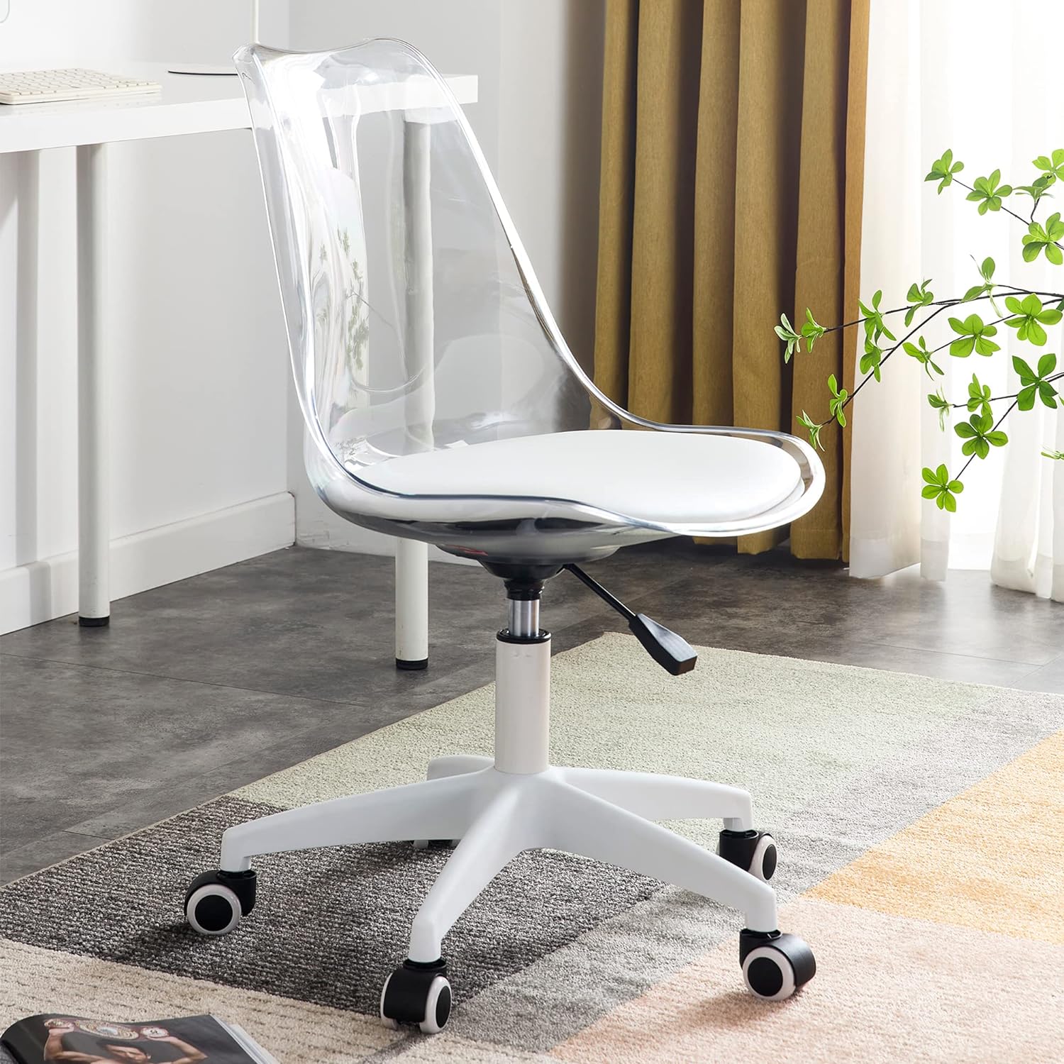 Acrylic Clear Desk Chair Modern Home Office Ghost Chairs with Wheels Cute Armless Rolling Vanity Plastic Chair with Adjustable Height (Clear)