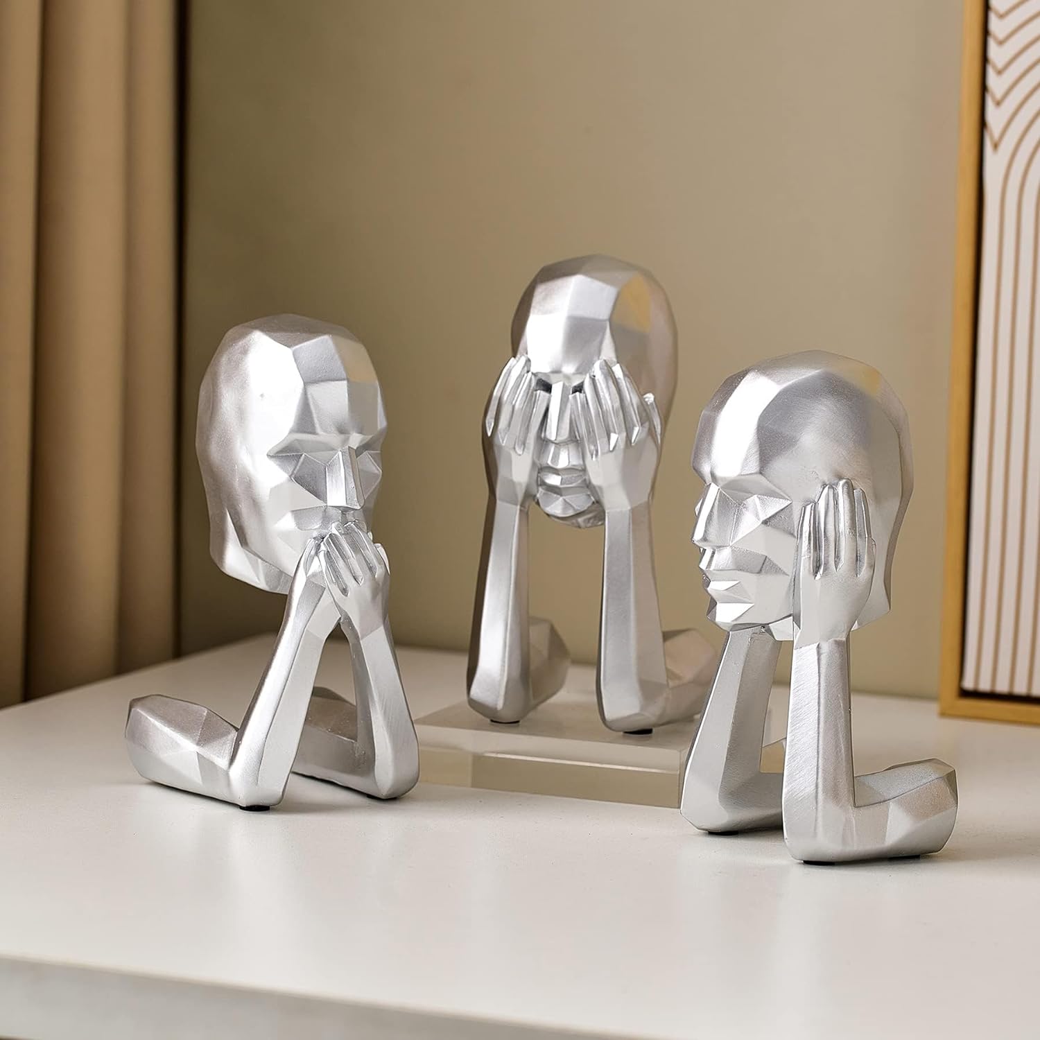 Modern Home Decor Silver Thinker Statue Set of 3, Hear No Evil See No Evil Speak No Evil Shelf Decor Aesthetic Sculpture, Silence is Gold Figurines Table Decorations for Living Room Office Bedroom