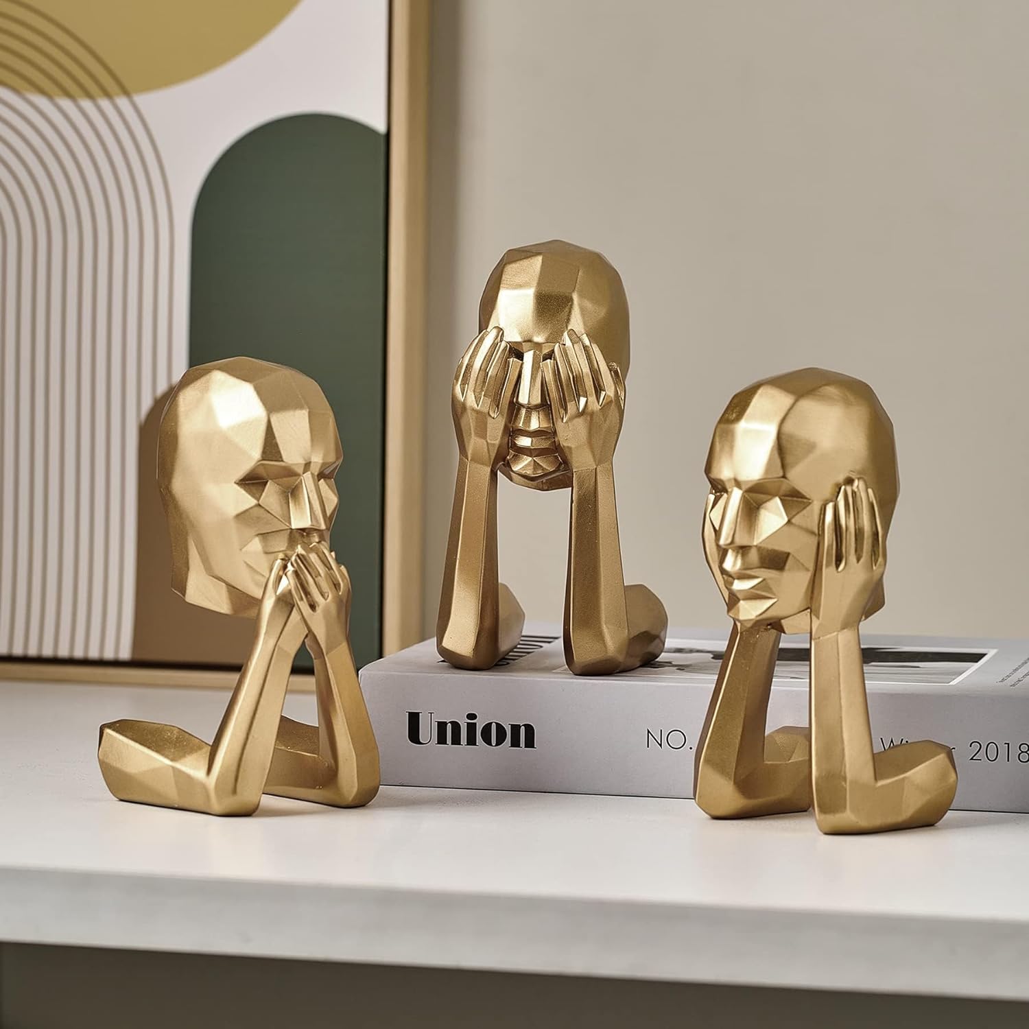 Modern Home Decor Gold Thinker Statue Set of 3, Hear No Evil See No Evil Speak No Evil Shelf Decor Aesthetic Sculpture, Silence is Gold Figurines Table Decorations for Living Room Office Bedroom