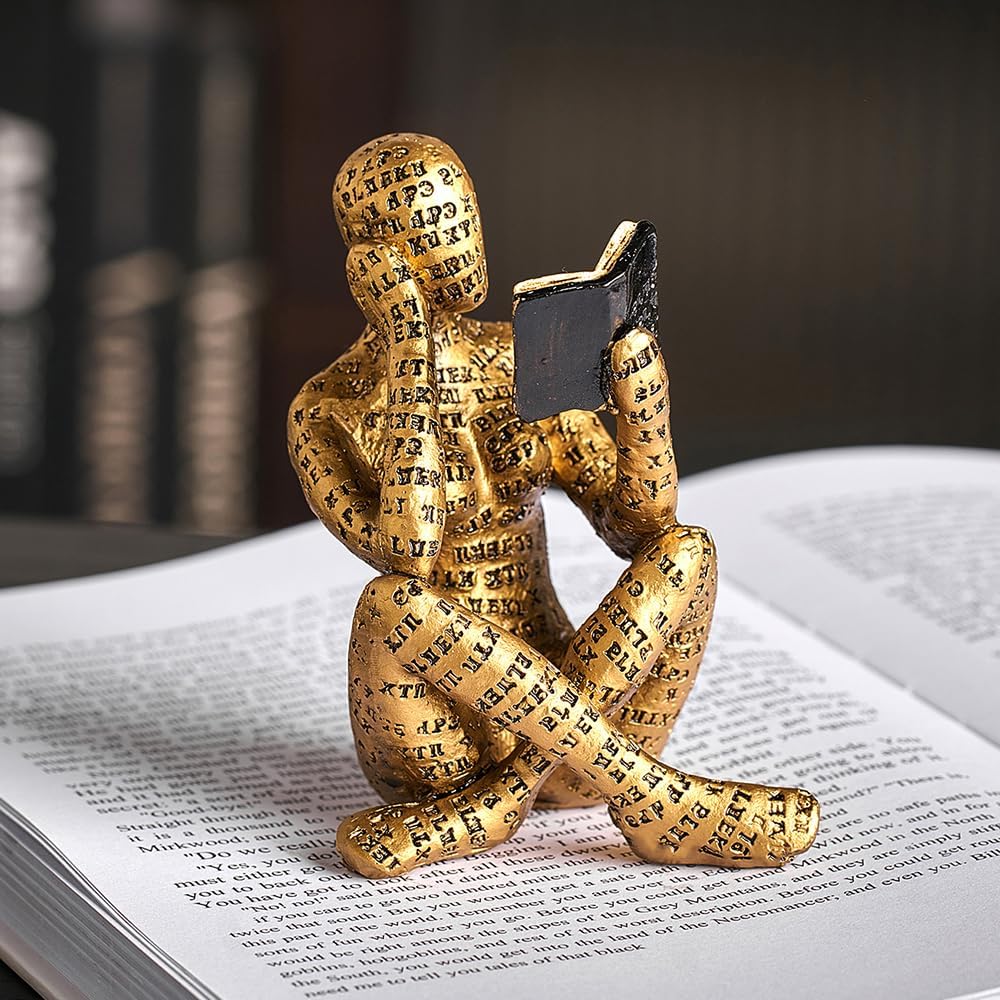 Gold Thinker Reading Statues for Home Decor, Pulp Women Figurine Bookshelf Decor, Shelf Decorations for Living Room Office, Modern Abstract Resin Sculptures for Coffee Table Desk, Gifts for Women