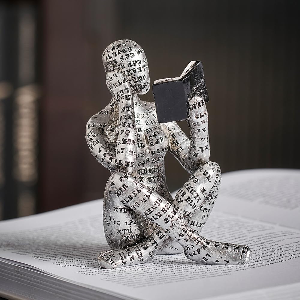 Silver Thinker Reading Statues for Home Decor, Pulp Women Figurine Bookshelf Decor, Shelf Decorations for Living Room Office, Modern Abstract Resin Sculptures for Coffee Table Desk, Gifts for Women