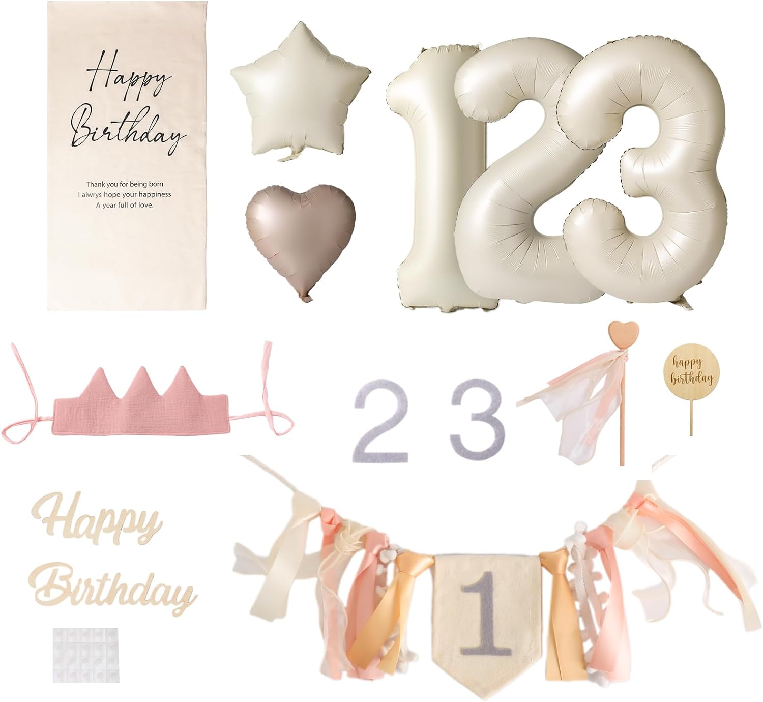 Highchair Banner 1st Birthday Girl ,Kids Party Banners, Woodland Birthday,One High Chair Banner Girl Party Decorations ,1 2 3 Balloon for Birthday Party Photo Props (Pink Crown)