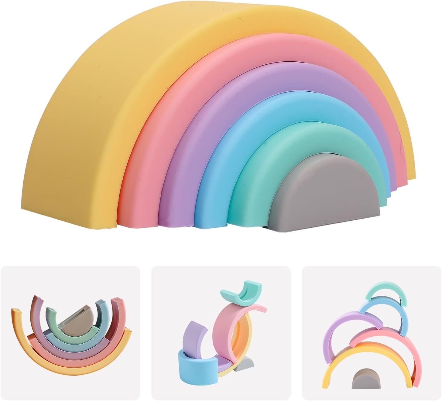 Youuys Silicone Rainbow Stacker Nesting Puzzle - 6 Pcs Baby Stacking Toys Rainbow Building Blocks Set Educational Montessori Toys for Baby Toddler Kids