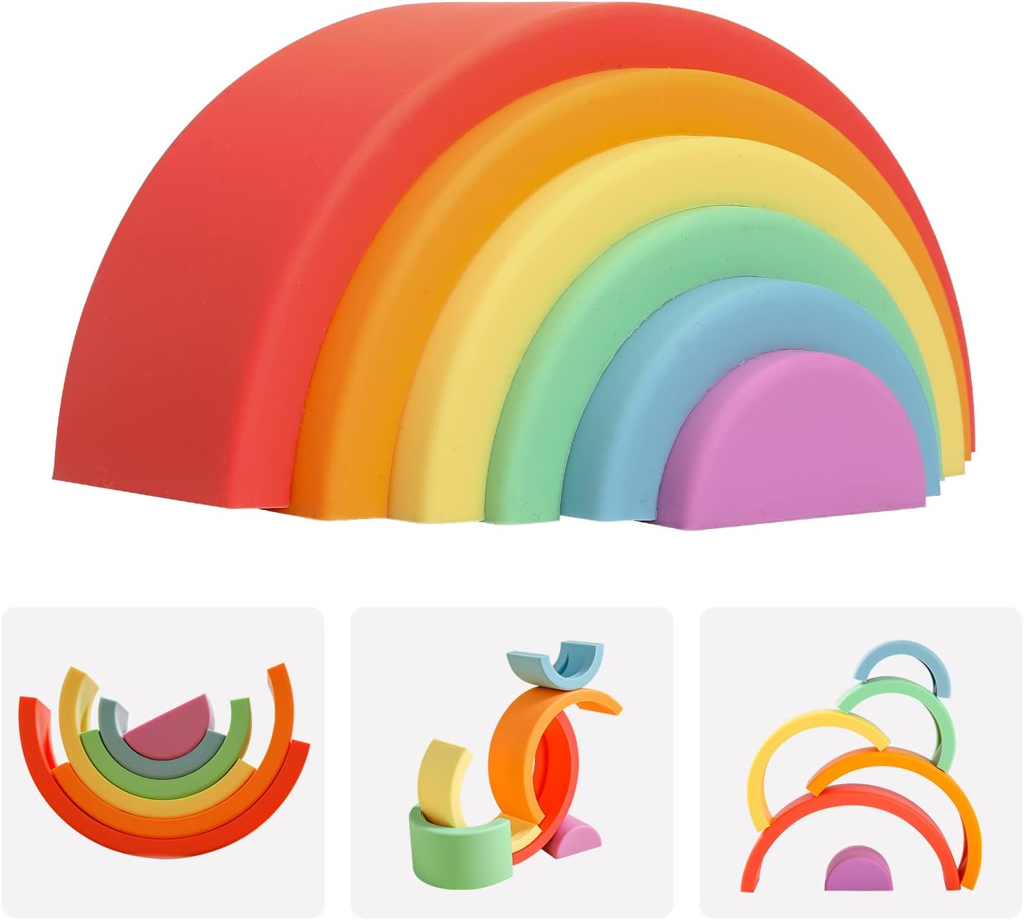 Silicone Stacking Rainbow Toy 6pcs Rainbow Stacker Montessori Building Block Stacking Toys for Kids Boys&Girls