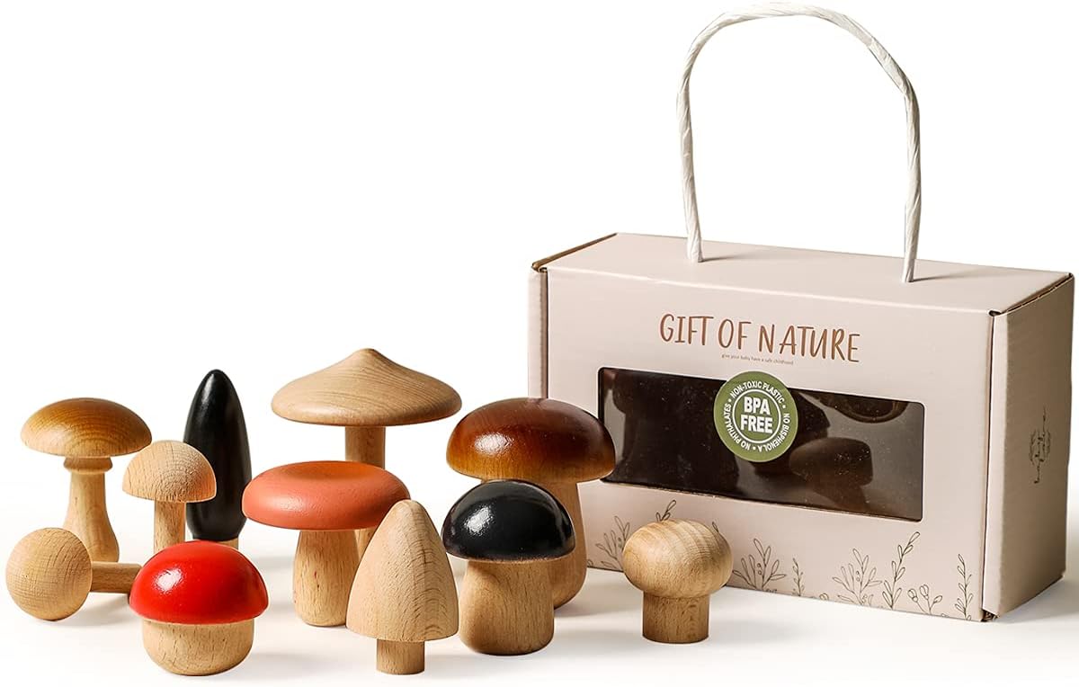 YOUUYS Wooden Mushroom Toys Set for Kids, 11 Pcs Wood Mushroom Kit Art & Craft Set Montessori Early Educational Preschool Classroom Toy