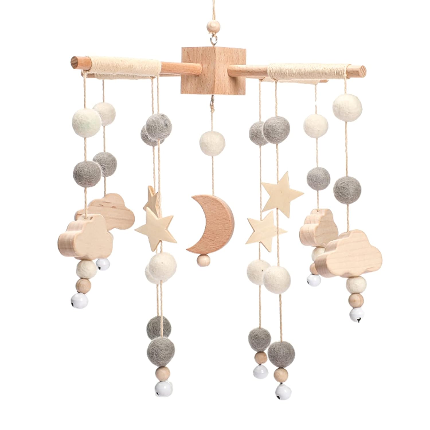 Boho Baby Crib Mobile Decor - Wooden Moon and Stars Nursery Mobiles with Cloud for Bassinet Starry Night Handmade Soft Felt Beads Hanging Wind Chime Toys Pendant for Infant Newborn Boy and Girl