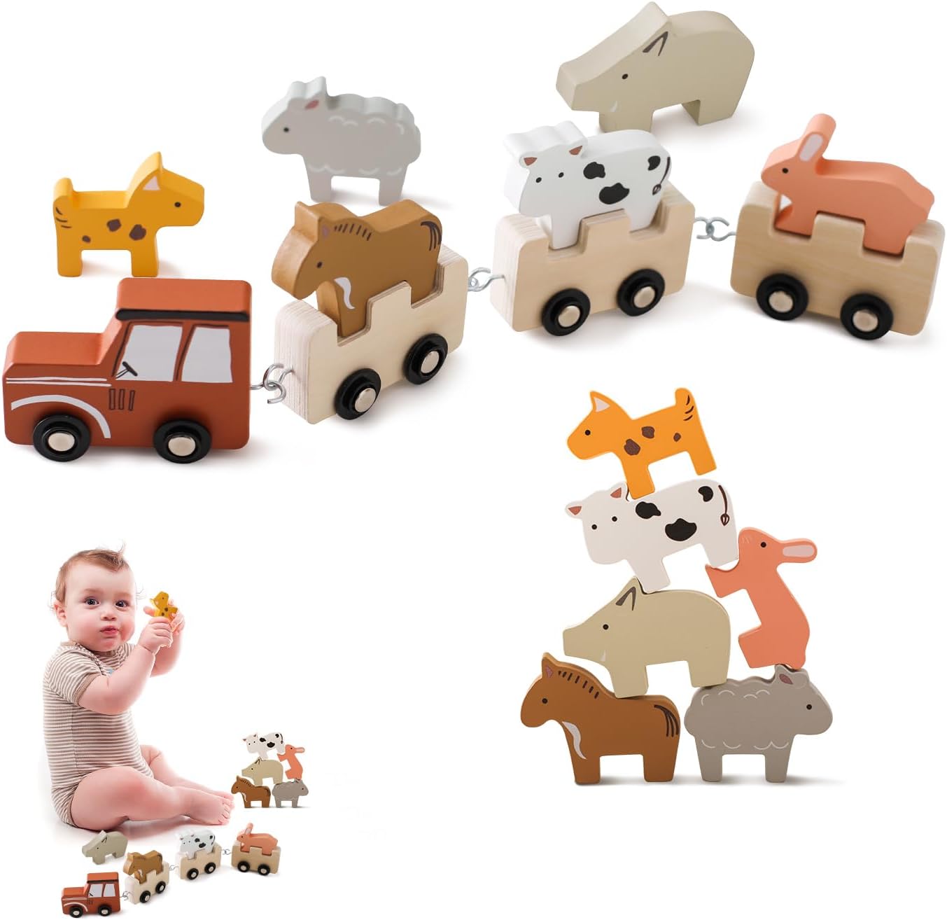 Wooden Train Set for Toddlers Animal Train Baby Gift Toys, Montessori Toys 10PCS for Baby Toddler Train Set, Detachable Animal Figures Wooden Toys Boys Girls Gift Birthday Gifts