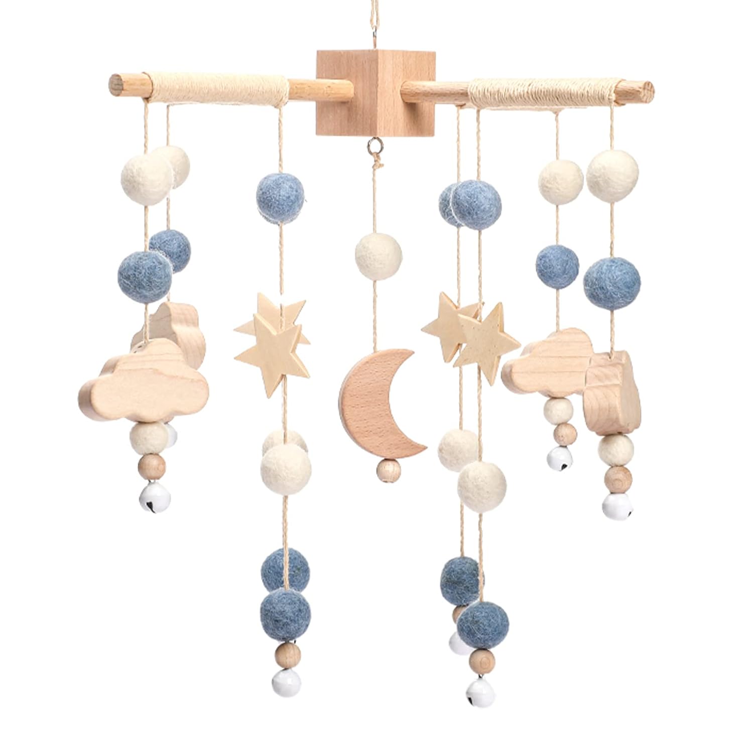 Boho Baby Crib Mobile Decor - Wooden Moon and Stars Nursery Mobiles with Cloud for Bassinet Starry Night Handmade Soft Felt Beads Hanging Wind Chime Toys Pendant for Infant Newborn Boy and Girl