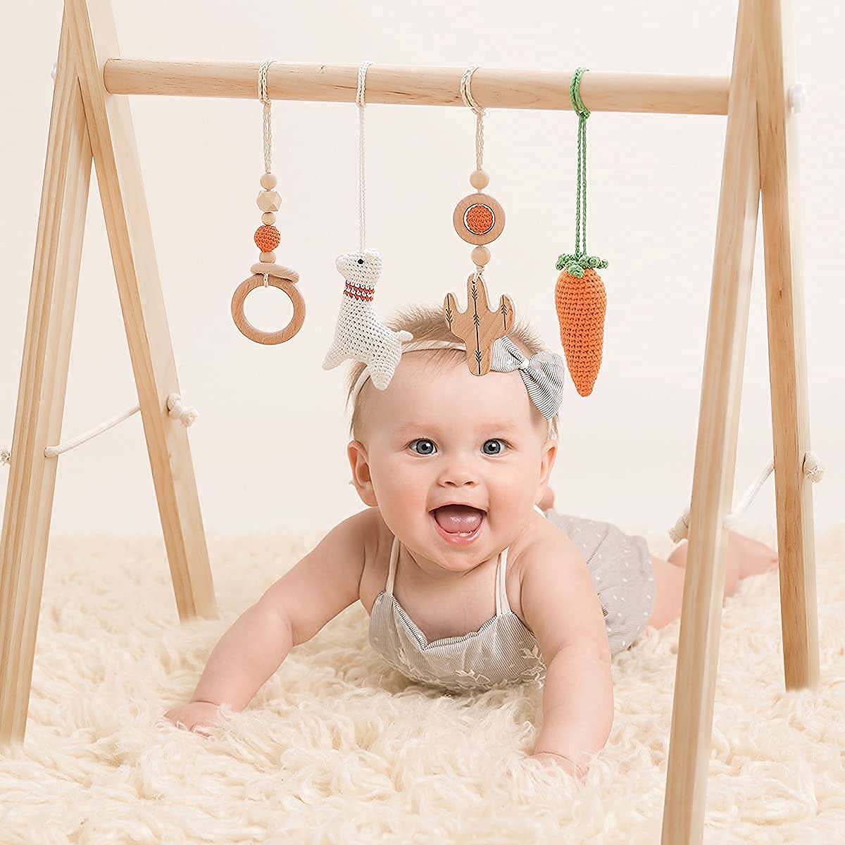 Foldable Wooden Baby Play Gym -Lovely Activity Gym Hanging 4 Toys White Crochet Sheep for Newborn Gift