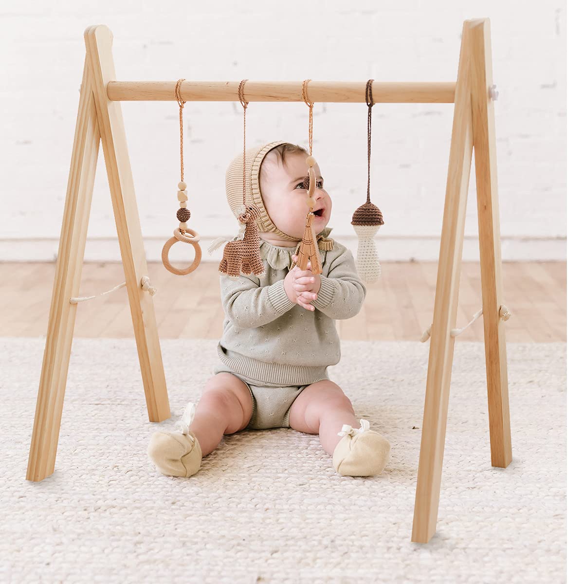 Wooden Baby Gym with 4 Wooden Baby Sensory Toys Foldable Baby Games Fitness Rack Activity Gymnasium is A Newborn Gift for Baby Boys and Girls