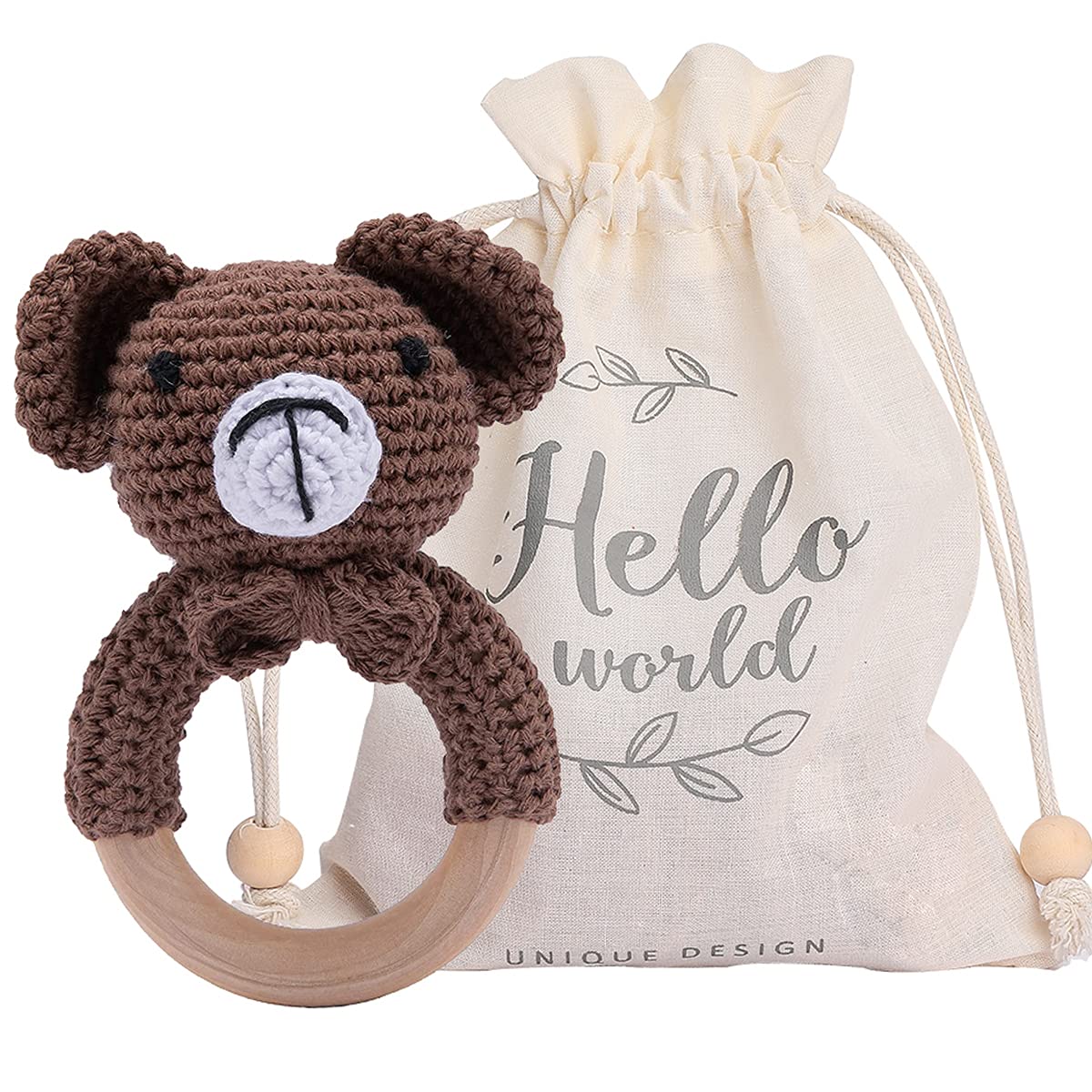 Youuys Wooden Baby Rattle Toys - Rattle Easy Grasp Handmade Crochet Cute Wood Newborn Toys for Infant Baby, Bear