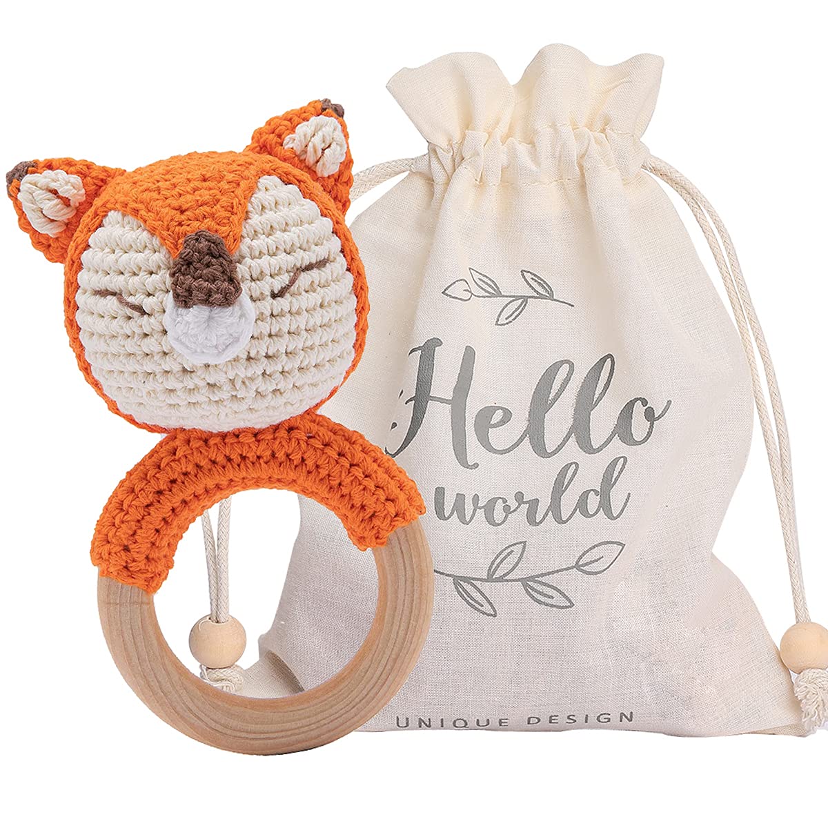 Youuys Wooden Baby Rattle for Newborn, Crochet Fox Rattle Toy Natural Wood, Music Shaker Rattle for Hand Grips, Boy Girl First Rattle Gift