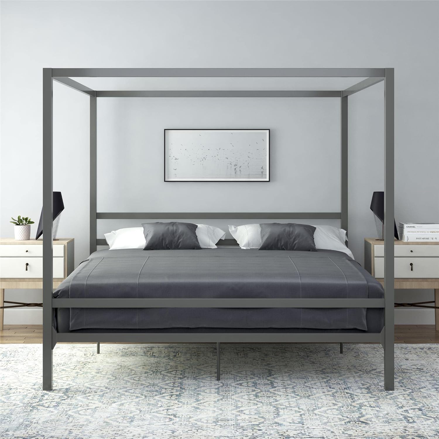 DHP Modern Metal Canopy Platform Bed with Minimalist Headboard and Four Poster Design, Underbed Storage Space, No Box Spring Needed, King, Gunmetal Gray