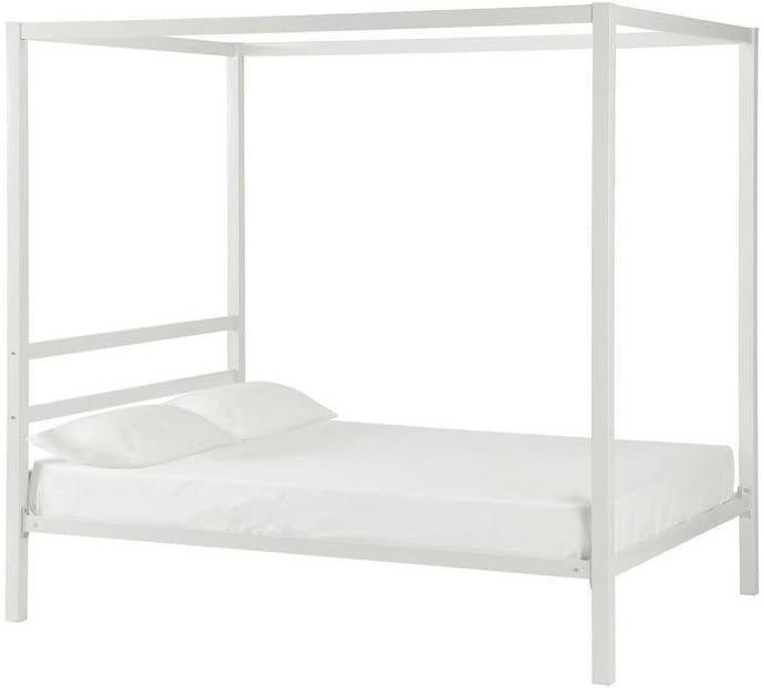 DHP Modern Metal Canopy Platform Bed with Minimalist Headboard and Four Poster Design, Underbed Storage Space, No Box Spring Needed, Queen, White