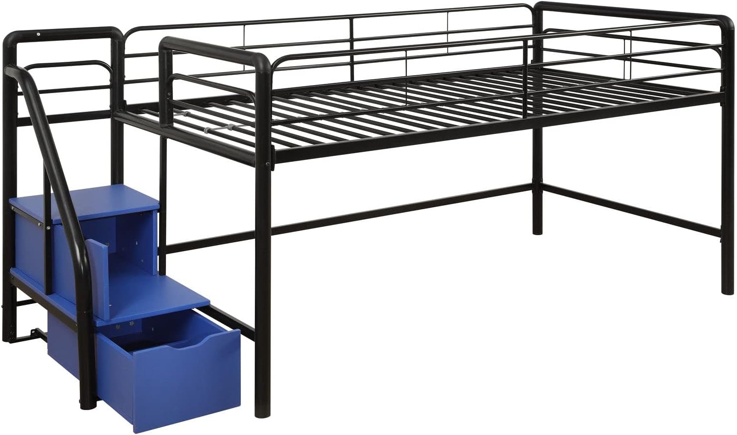 DHP Junior Twin Metal Loft Bed with Storage Steps, Multifunctional Space-Saving Solution - Black with Blue Steps