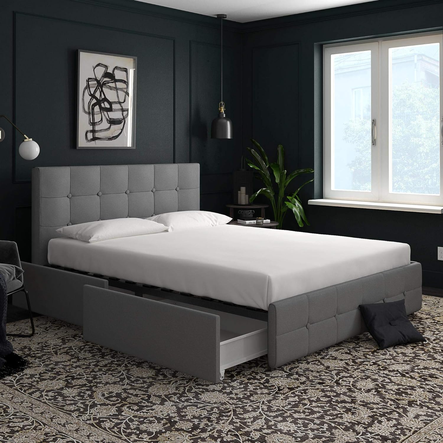 DHP Rose Upholstered Platform Bed with Underbed Storage Drawers and Button Tufted Headboard and Footboard, No Box Spring Needed, Queen, Gray Linen