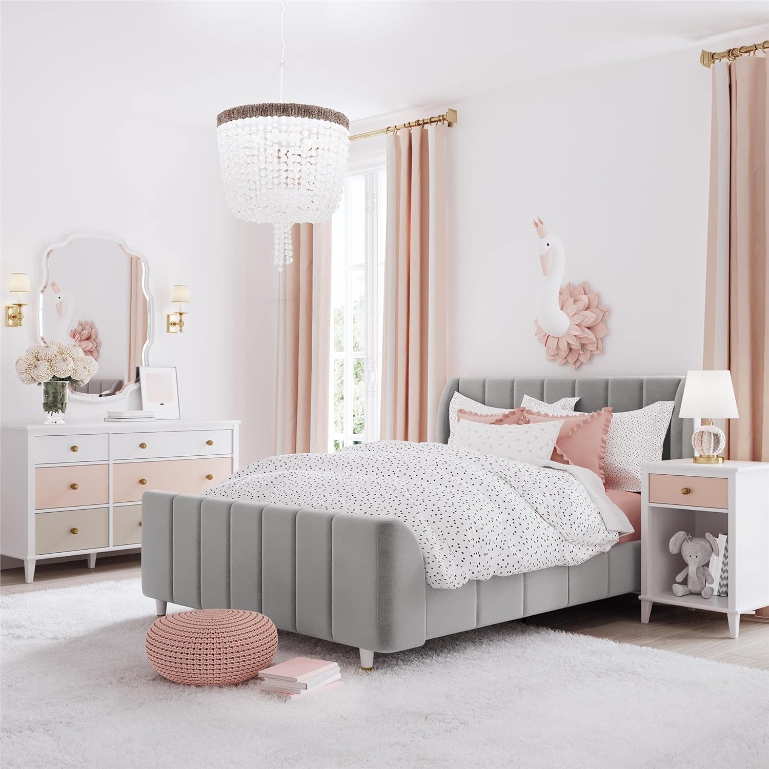 Little Seeds Valentina Upholstered Bed, Full, Gray