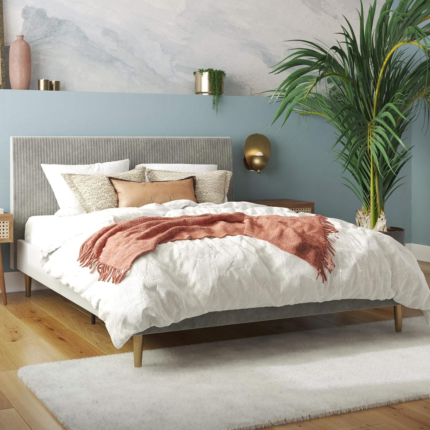 Mr. Kate Daphne Upholstered Headboard and Modern Platform Frame Bed, Queen, Light Gray Velvet