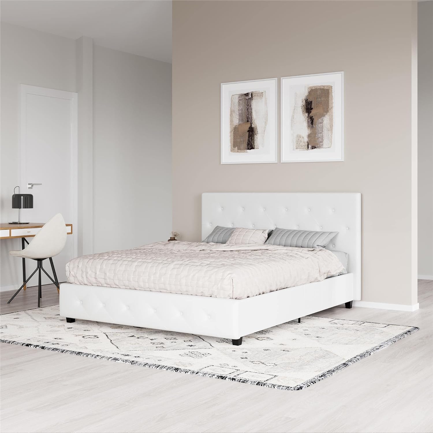 DHP Dakota Upholstered Platform Bed with Diamond Button Tufted Headboard and Footboard, No Box Spring Needed, Full, White Faux Leather