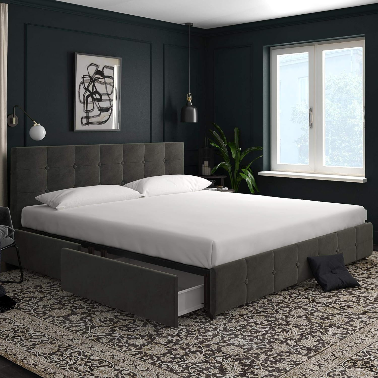 DHP Rose Upholstered Platform Bed with Underbed Storage Drawers and Button Tufted Headboard and Footboard, No Box Spring Needed, King, Gray Velvet