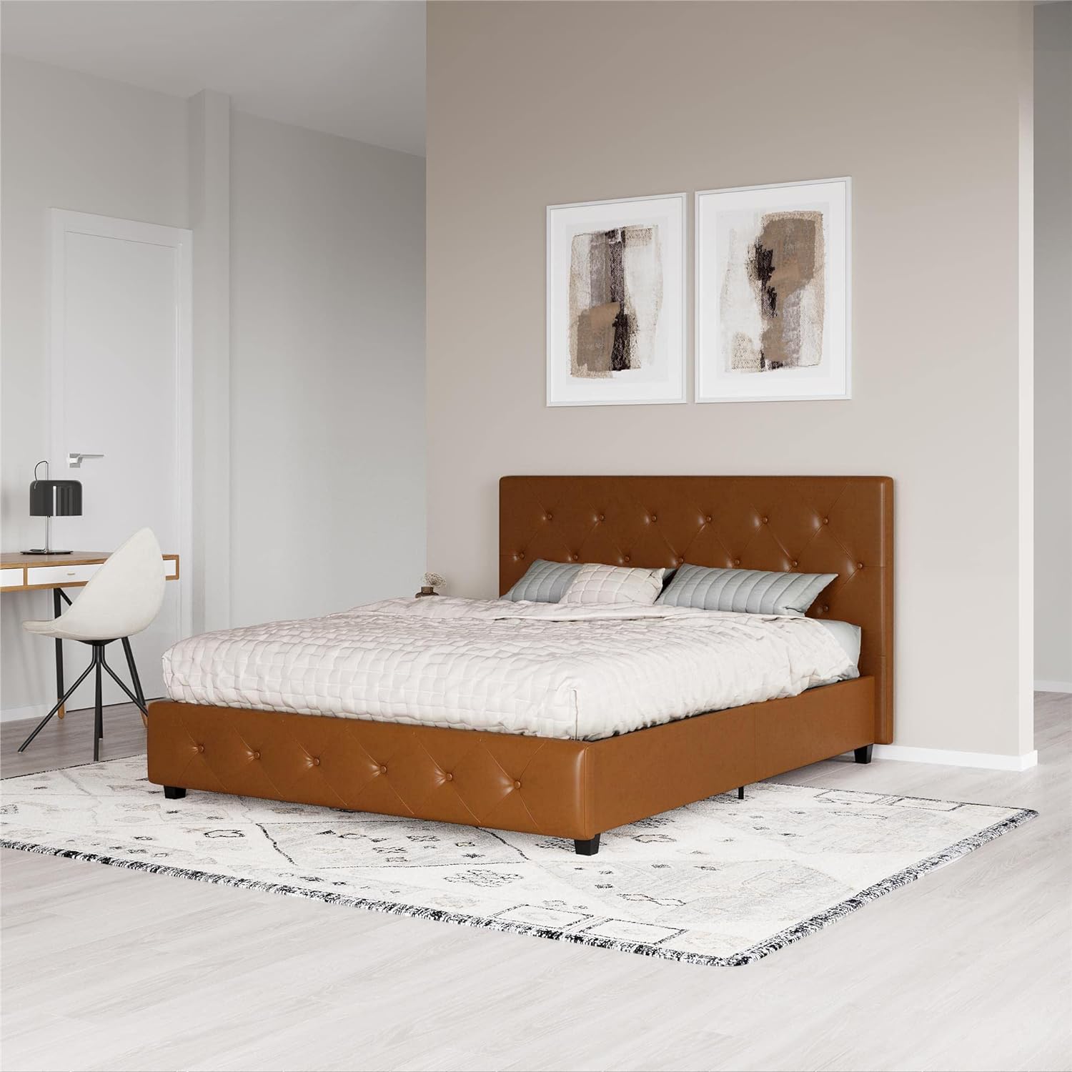 DHP Dakota Upholstered Platform Bed with Diamond Button Tufted Headboard and Footboard, No Box Spring Needed, Queen, Camel Faux Leather