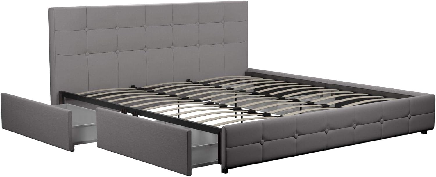 DHP Rose Upholstered Platform Bed with Underbed Storage Drawers and Button Tufted Headboard and Footboard, No Box Spring Needed, King, Gray Linen