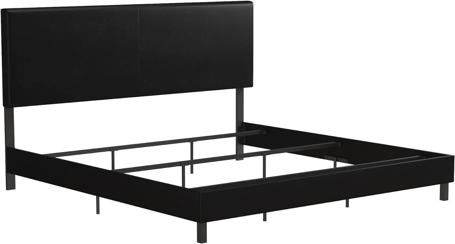 DHP Janford Upholstered Platform Bed with Modern Vertical Stitching on Rectangular Headboard, King, Black Faux Leather