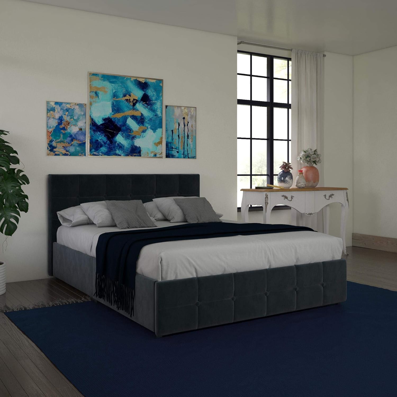 DHP Rose Upholstered Platform Bed with Underbed Storage Drawers and Button Tufted Headboard and Footboard, No Box Spring Needed, Queen, Blue Velvet