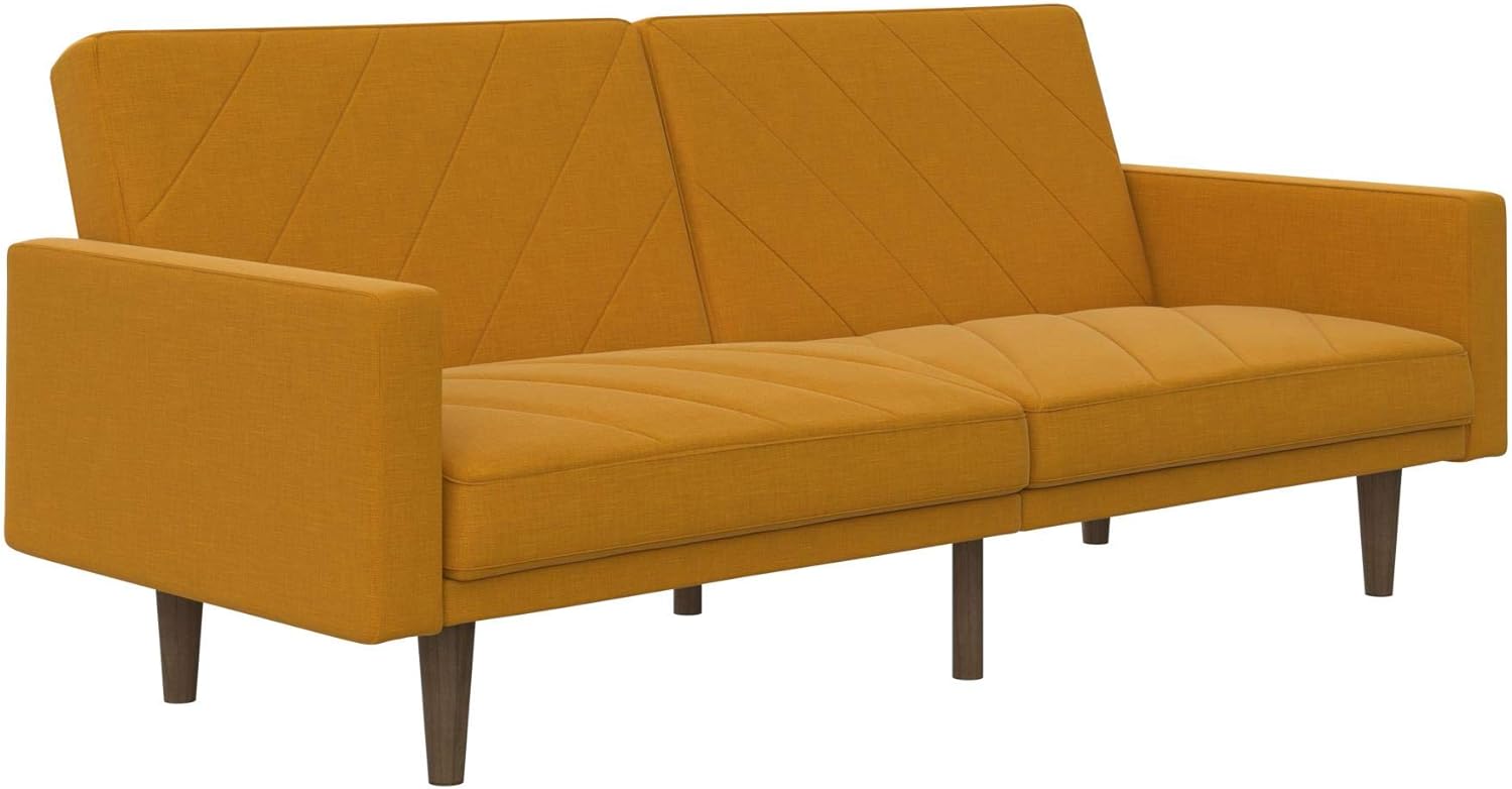 DHP Paxson Convertible Futon Couch Bed with Linen Upholstery and Wood Legs - Mustard