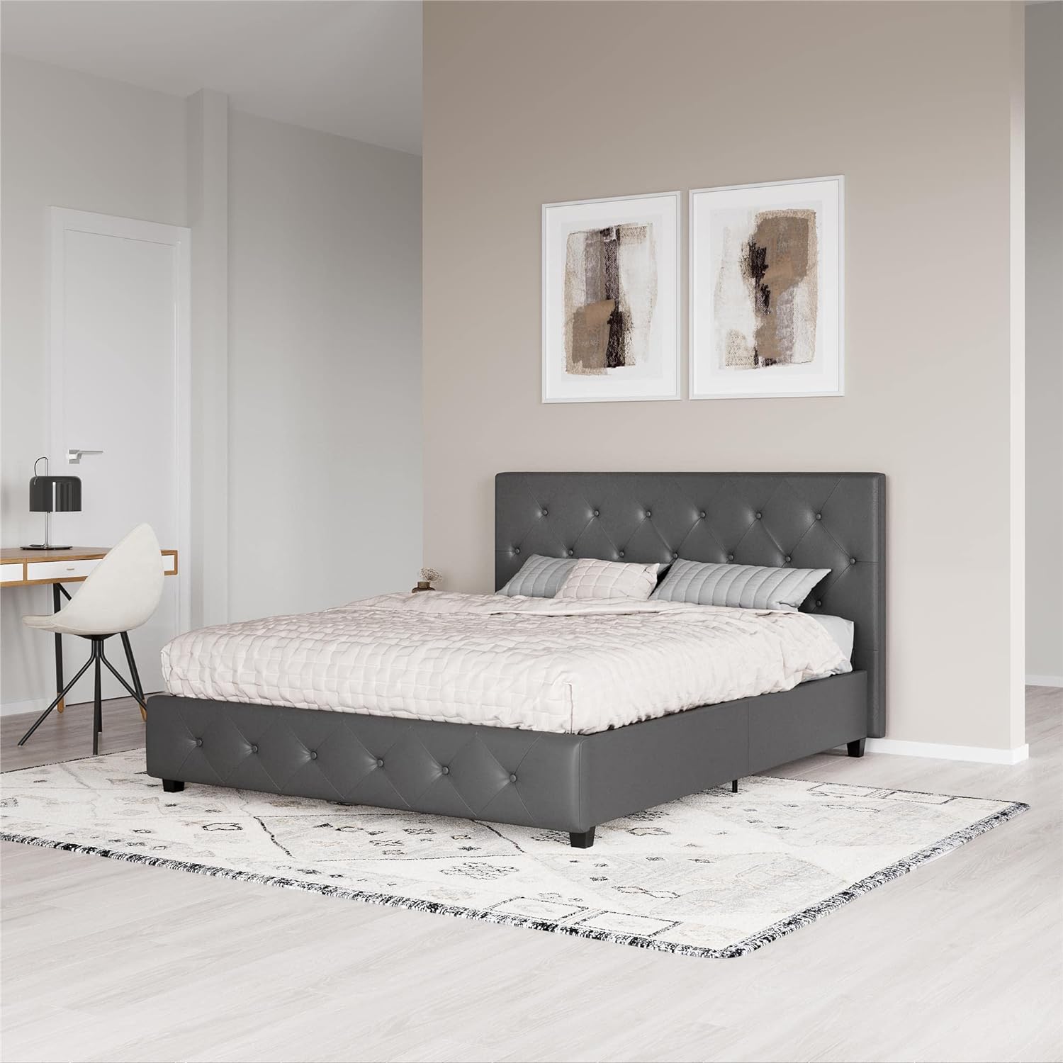 DHP Dakota Upholstered Platform Bed with Diamond Button Tufted Headboard and Footboard, No Box Spring Needed, Queen, Gray Faux Leather,Grey